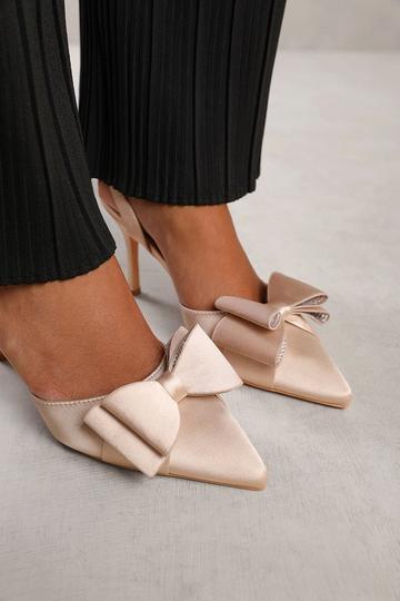 'Manila' Pointed Toe With Diamante Bow Detailing Slingback Mid Heels Cream