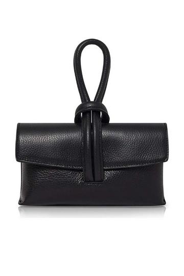 Black Elegant Italian Leather Tie Closure Clutch Crossbody Bag with Long Strap