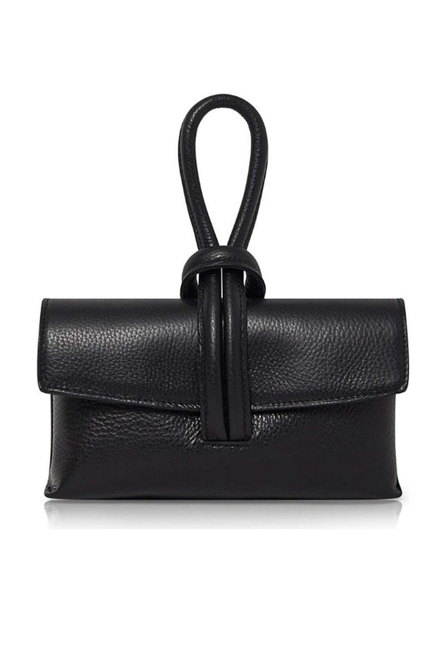 Black Elegant Italian Leather Tie Closure Clutch Crossbody Bag  with Long Strap