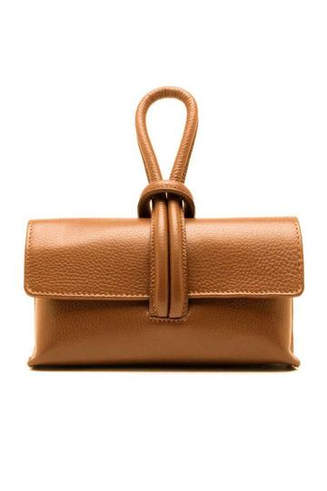 Brown Elegant Italian Leather Tie Closure Clutch Crossbody Bag with Long Strap