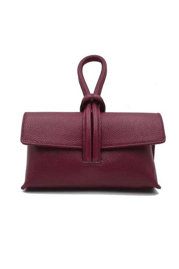 Elegant Italian Leather Tie Closure Clutch Crossbody Bag with Long Strap Burgundy