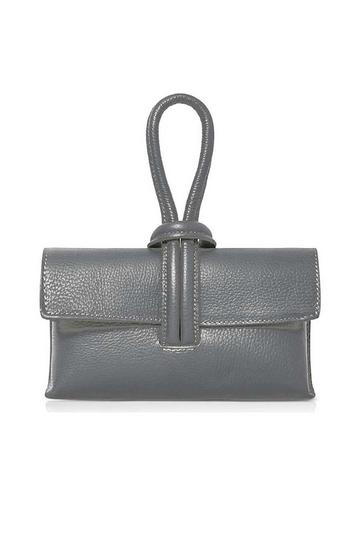 Grey Elegant Italian Leather Tie Closure Clutch Crossbody Bag with Long Strap