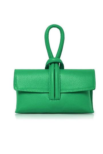 Elegant Italian Leather Tie Closure Clutch Crossbody Bag with Long Strap Emerald