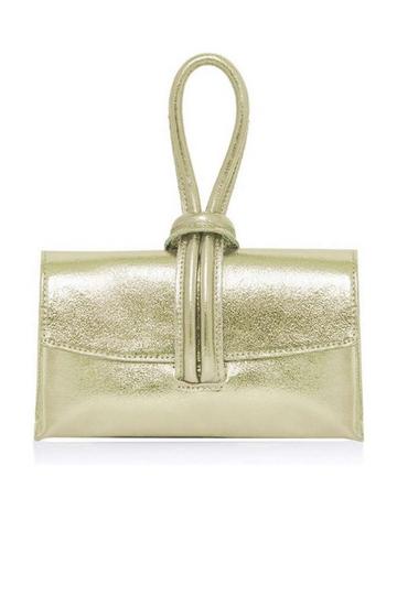 Gold Metallic Elegant Italian Leather Tie Closure Clutch Crossbody Bag with Long Strap