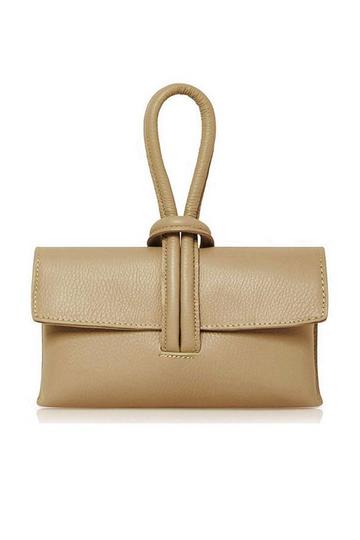 Khaki Elegant Italian Leather Tie Closure Clutch Crossbody Bag with Long Strap