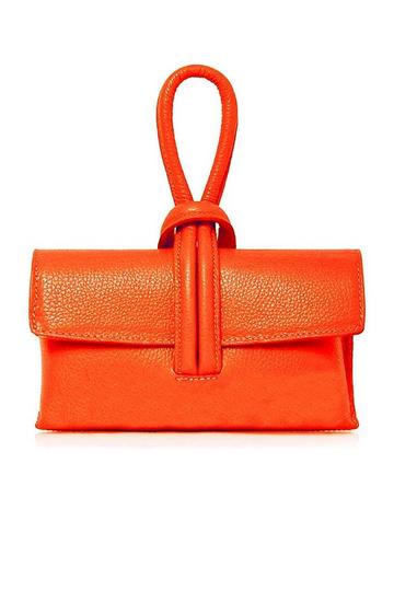 Orange Elegant Italian Leather Tie Closure Clutch Crossbody Bag with Long Strap