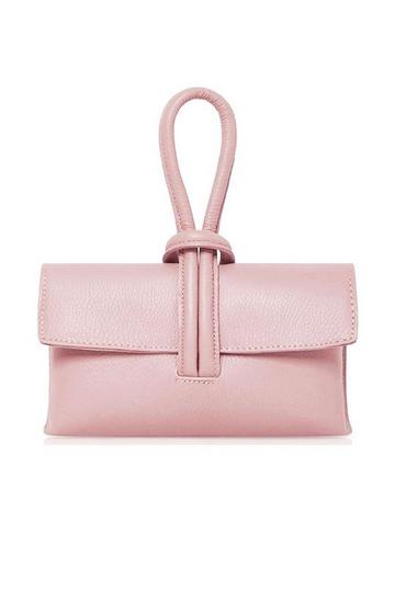 Pink Elegant Italian Leather Tie Closure Clutch Crossbody Bag with Long Strap