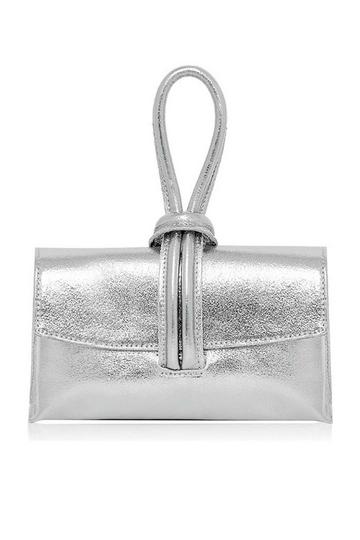 Silver Elegant Italian Leather Tie Closure Clutch Crossbody Bag with Long Strap