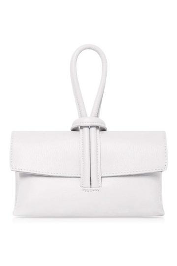 Elegant Italian Leather Tie Closure Clutch Crossbody Bag with Long Strap White