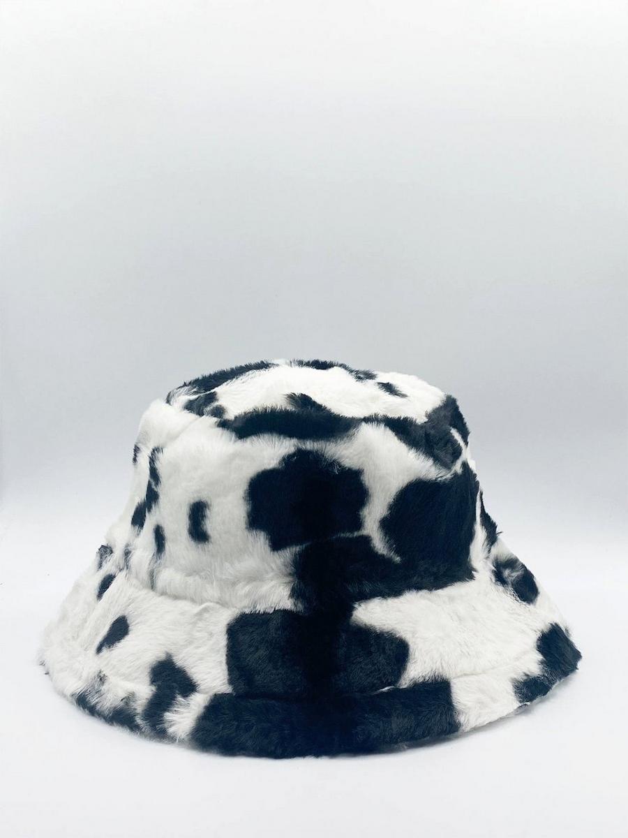 Multi Black & White Cow Print Faux Fur Bucket Hat