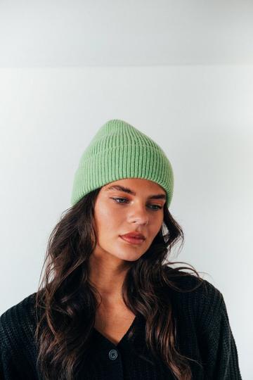 Green Ribbed Beanie Hat In Green