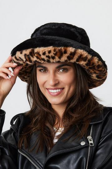 Oversized Faux-Fur Plush Bucket Hat Black