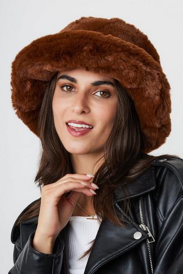 Oversized Faux-Fur Plush Bucket Hat Dark Brown