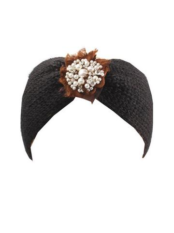 Black Knitted Headband With Pearl and Gem Flower Black