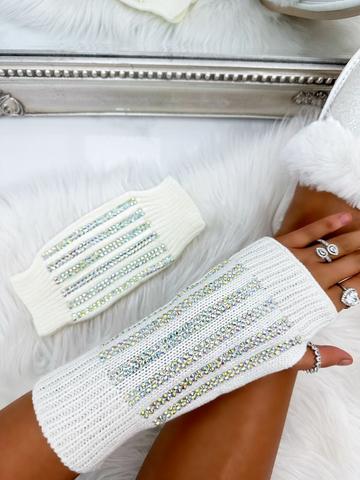 White Crystal Stripe Fingerless Sparkly Gloves