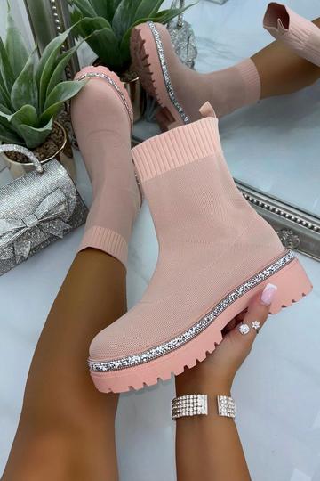 Sparkly Stretch Chunky Sock Boots Baby Pink