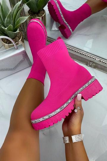 Sparkly Stretch Chunky Sock Boots Bright Pink