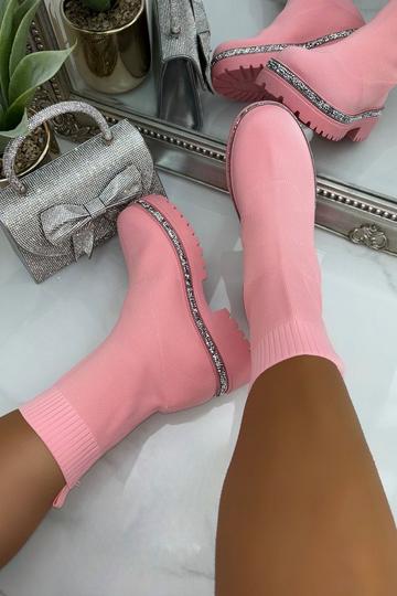 Pink Sparkly Stretch Chunky Sock Boots