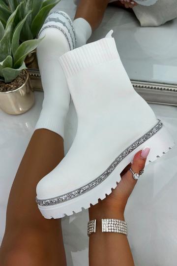 Sparkly Stretch Chunky Sock Boots White