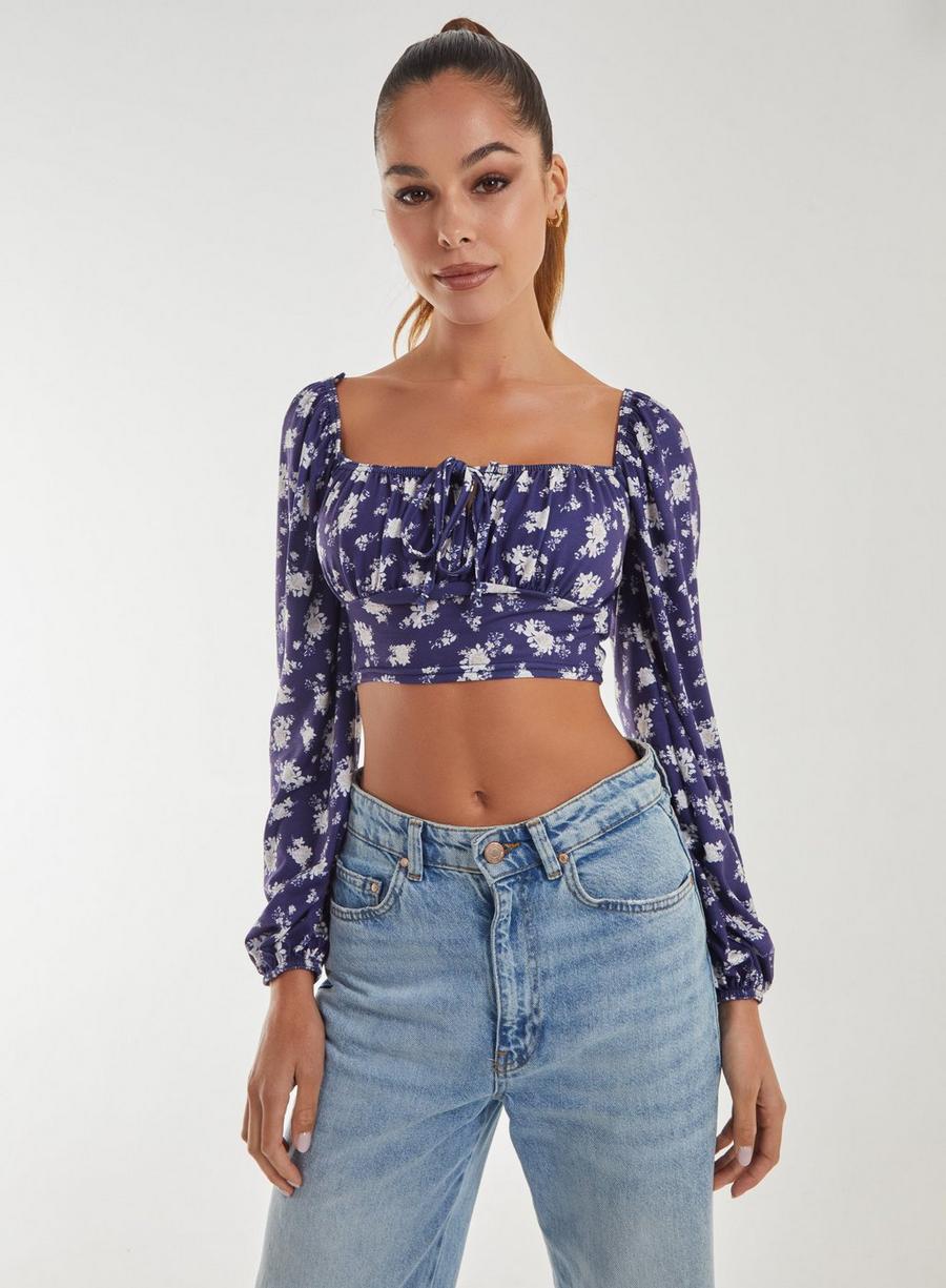 Navy Floral Printed Long Balloon Sleeve Top image number 1