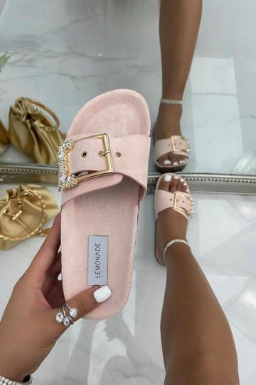 Pink Crystal Chunky Buckle Sliders