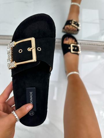 Black Crystal Chunky Buckle Sliders