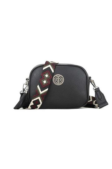 Black Small Double Zip Crossbody Metal Badge Camera Bag With Canvas Strap