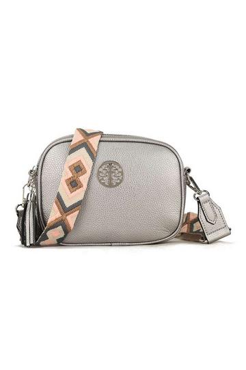 Grey Small Double Zip Crossbody Metal Badge Camera Bag With Canvas Strap