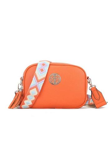 Orange Small Double Zip Crossbody Metal Badge Camera Bag With Canvas Strap