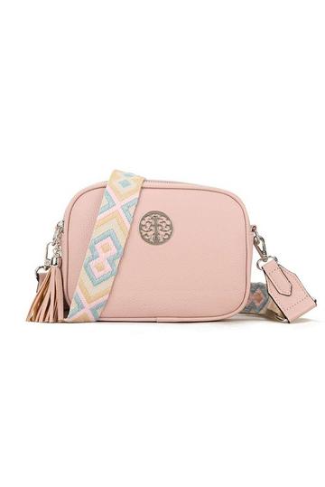 Pink Small Double Zip Crossbody Metal Badge Camera Bag With Canvas Strap