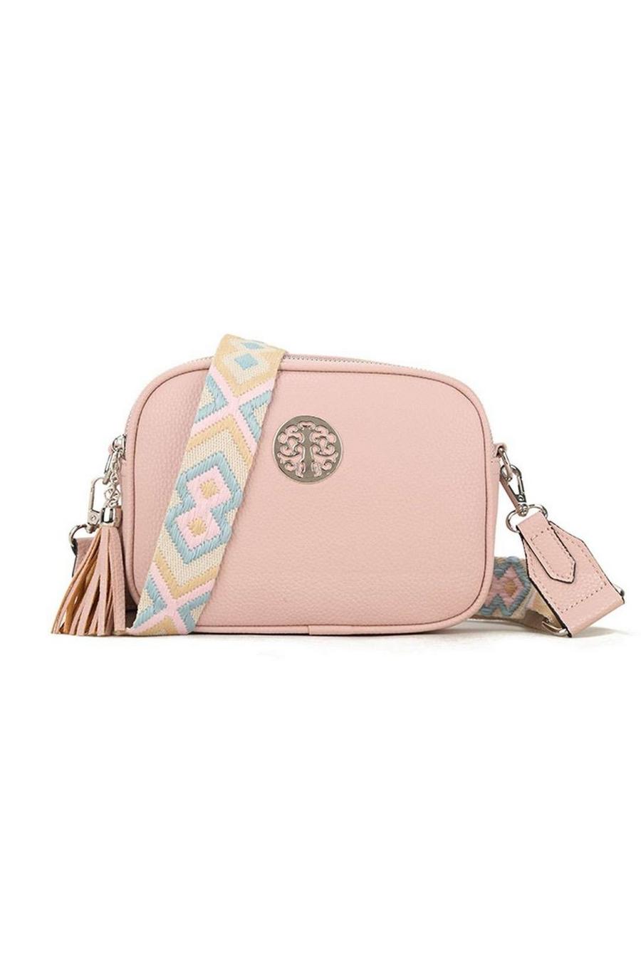 Pink Small Double Zip Crossbody Metal Badge Camera Bag With Canvas Strap image number 1