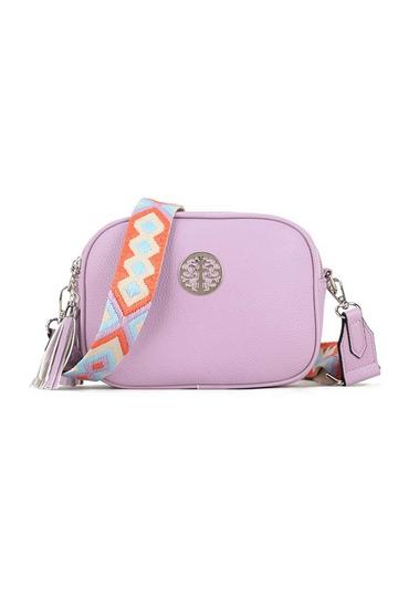 Purple Small Double Zip Crossbody Metal Badge Camera Bag With Canvas Strap