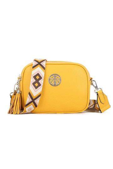 Yellow Small Double Zip Crossbody Metal Badge Camera Bag With Canvas Strap