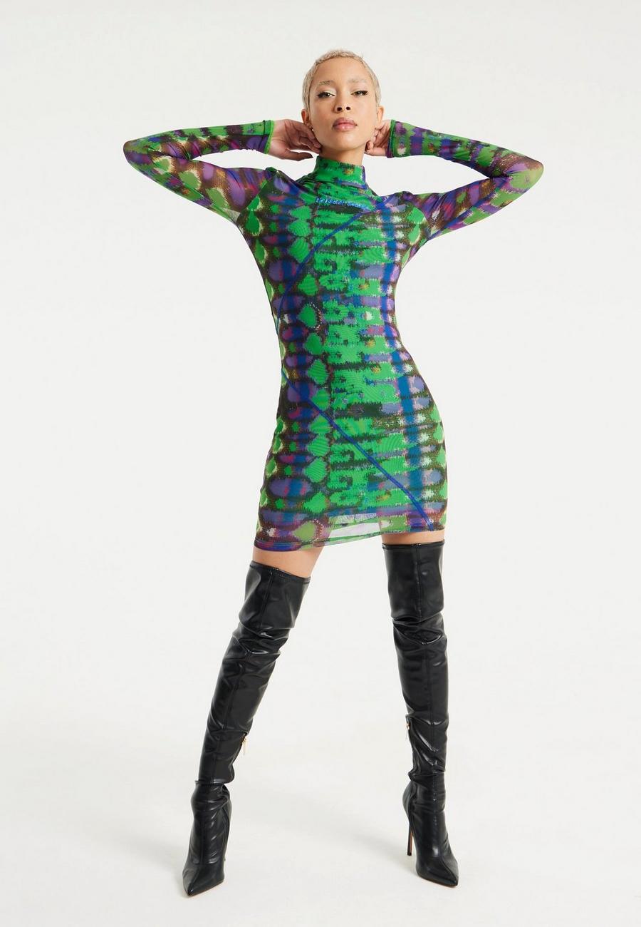 Green Abstract Snake Print Mini Dress image number 1