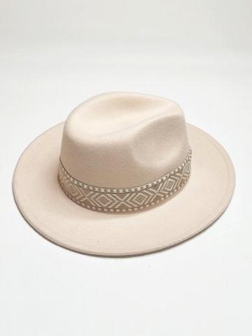 Cream Fedora Hat with Aztec design Stone