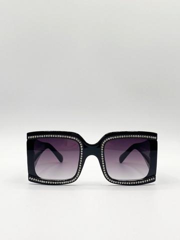 Oversized Square Sunglasses with Diamonte Detail Jet Black