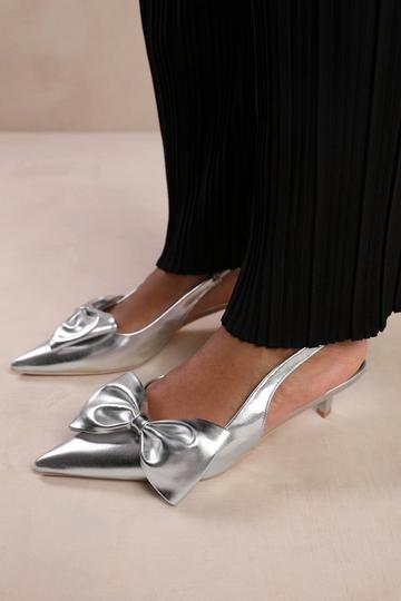 'Spain' Wide Fit Low Kitten Heels Pointed Toe Bow Detail Silver