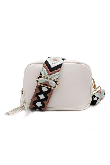 Double Strap Tassel Charm Canvas Strap Camera Crossbody Bag White