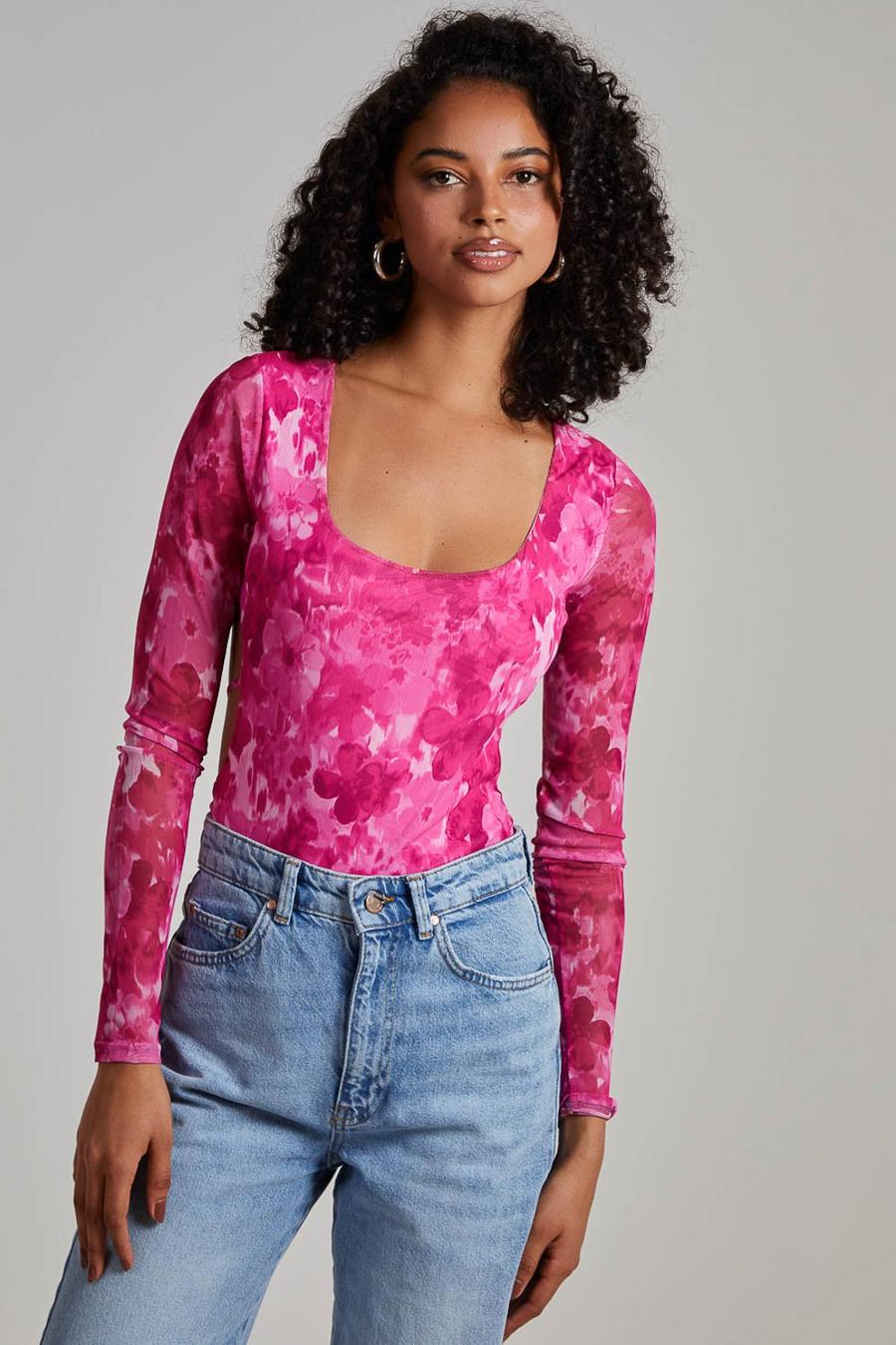 Pink Graphic Floral Long Sleeve Bodysuit image number 1