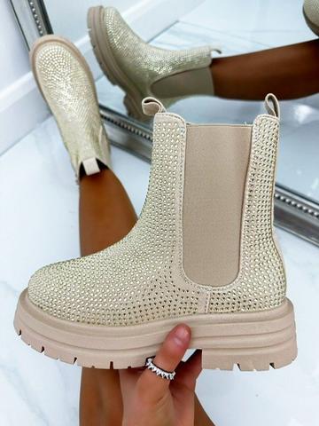 Crystal Chunky Chelsea Boots Nude