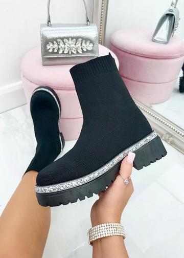 Sparkly Stretch Chunky Sock Boots Black