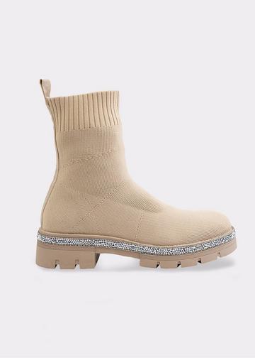 Sparkly Stretch Chunky Sock Boots Nude