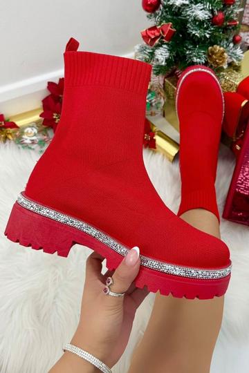 Sparkly Stretch Chunky Sock Boots Red