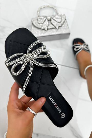 Crystal Cherish Bow Sliders Black