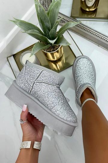 Sparkly Glitter Snugg Platform Boots Silver