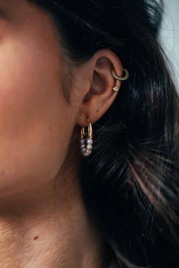 Metallic Faux Pearl with Gold Trim Double Hoop Earrings