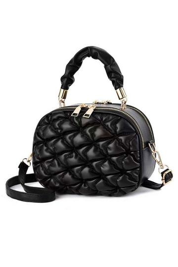 Black Small Top Handle Puffer Quilted Double Zipper Crossbody Bag