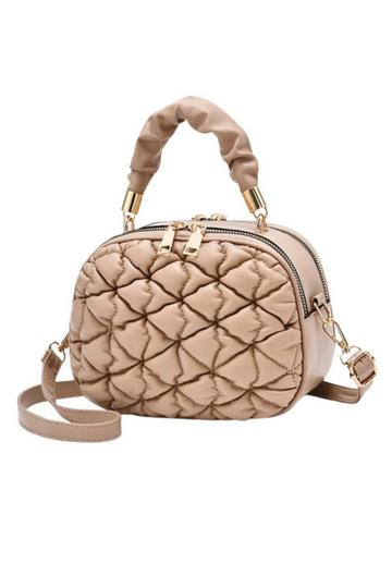 Khaki Small Top Handle Puffer Quilted Double Zipper Crossbody Bag