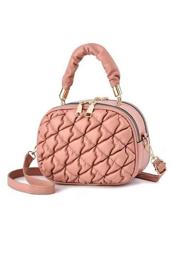 Pink Small Top Handle Puffer Quilted Double Zipper Crossbody Bag