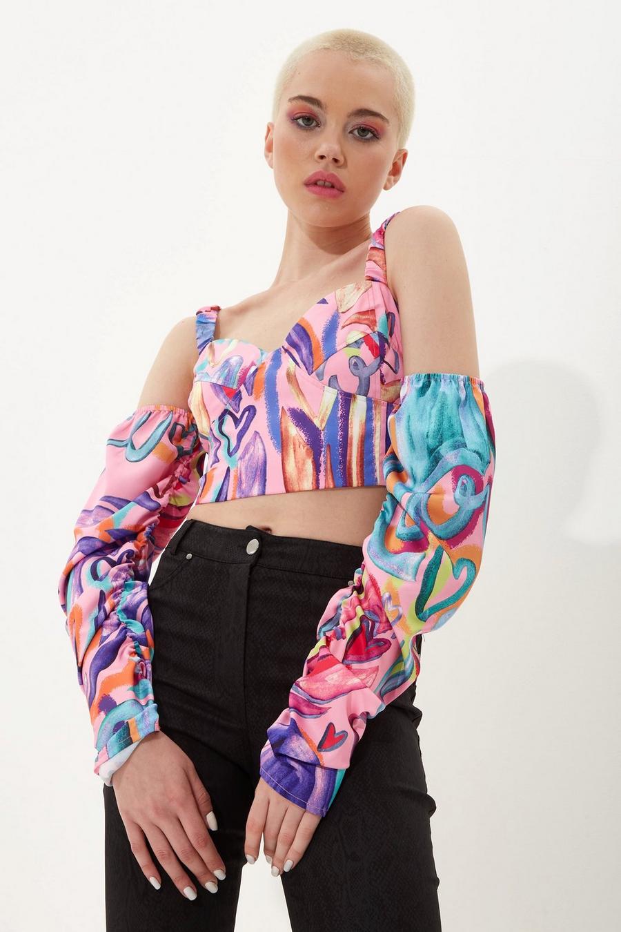 Multi Heart Print Top With Elasticated Ruched Sleeves